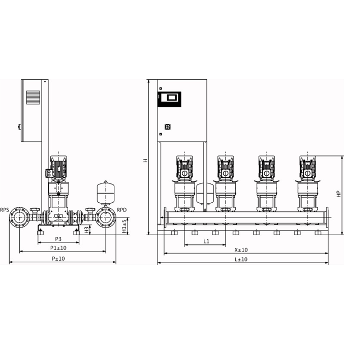 Габаритный чертеж насосной станции Wilo COR-4 HELIX V 2204/SKw-EB-R