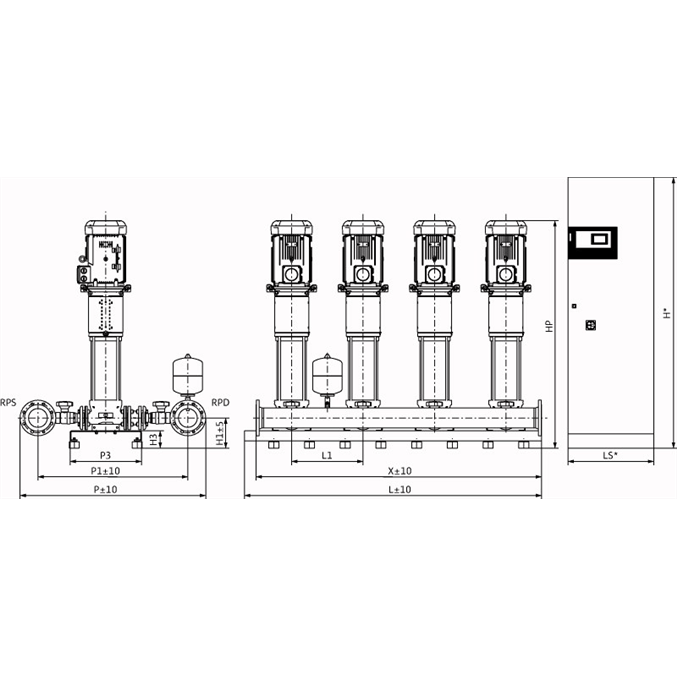 Габаритный чертеж насосной станции Wilo COR-4 HELIX V 2207/SKw-EB-R