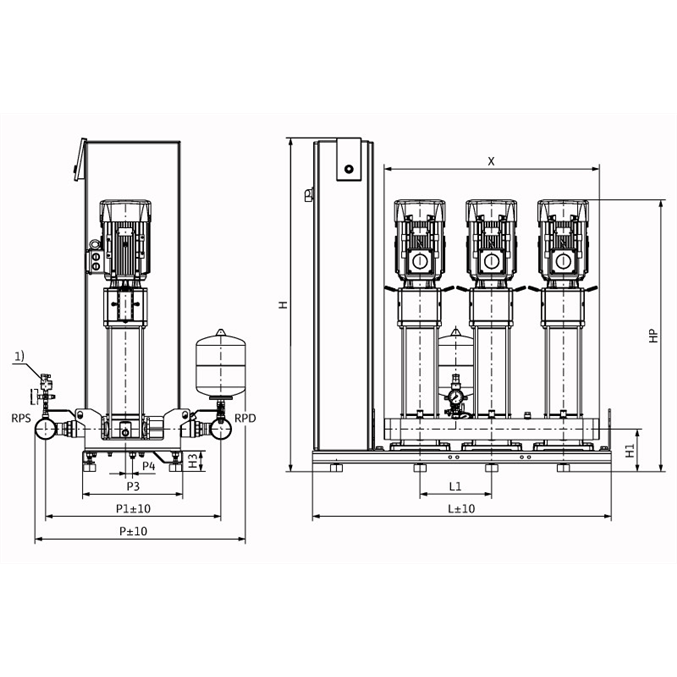 Габаритный чертеж насосной станции Wilo COR-4 HELIX V 3602/1/SKw-EB-R