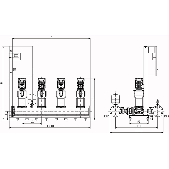 Габаритный чертеж насосной станции Wilo COR-4 HELIX V 3602/2/SKw-EB-R