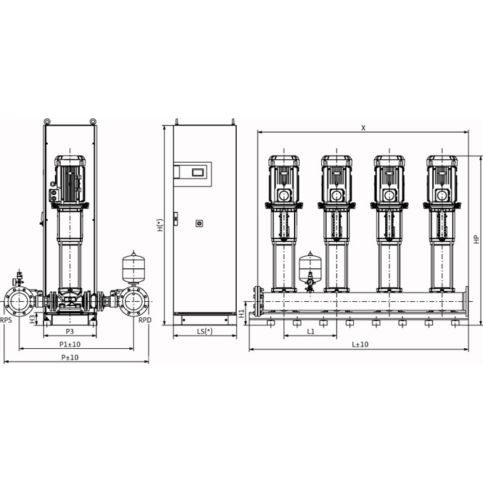 Габаритный чертеж насосной станции Wilo COR-4 HELIX V 3605/2/SKw-EB-R