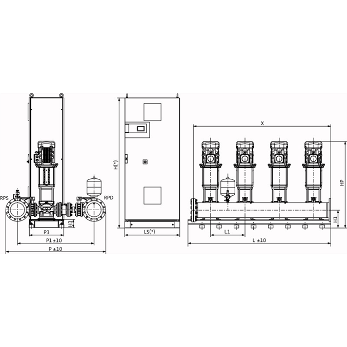 Габаритный чертеж насосной станции Wilo COR-4 HELIX V 5202/2/SKw-EB-R