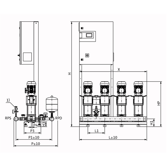 Габаритный чертеж насосной станции Wilo COR-4 HELIX V 604/CC-EB-R
