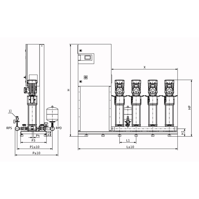 Габаритный чертеж насосной станции Wilo COR-4 HELIX V 610/CC-EB-R