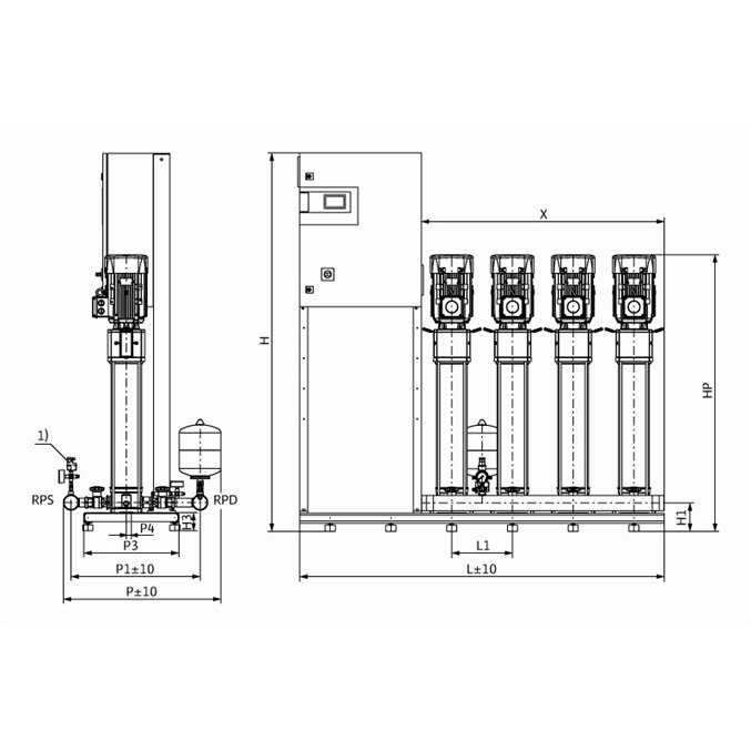 Габаритный чертеж насосной станции Wilo COR-4 HELIX V 615/CC-EB-R