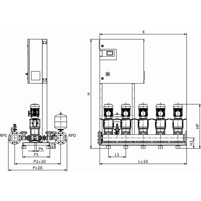Габаритный чертеж насосной станции Wilo COR-5 HELIX V 1002/CC-EB-R