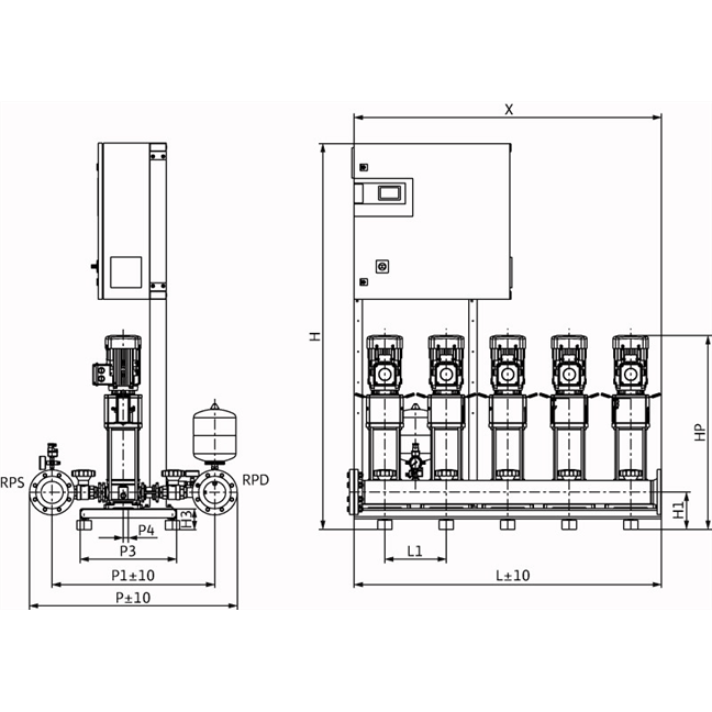 Габаритный чертеж насосной станции Wilo COR-5 HELIX V 1008/SKw-EB-R