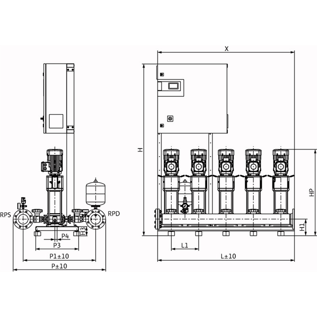 Габаритный чертеж насосной станции Wilo COR-5 HELIX V 1012/CC-EB-R