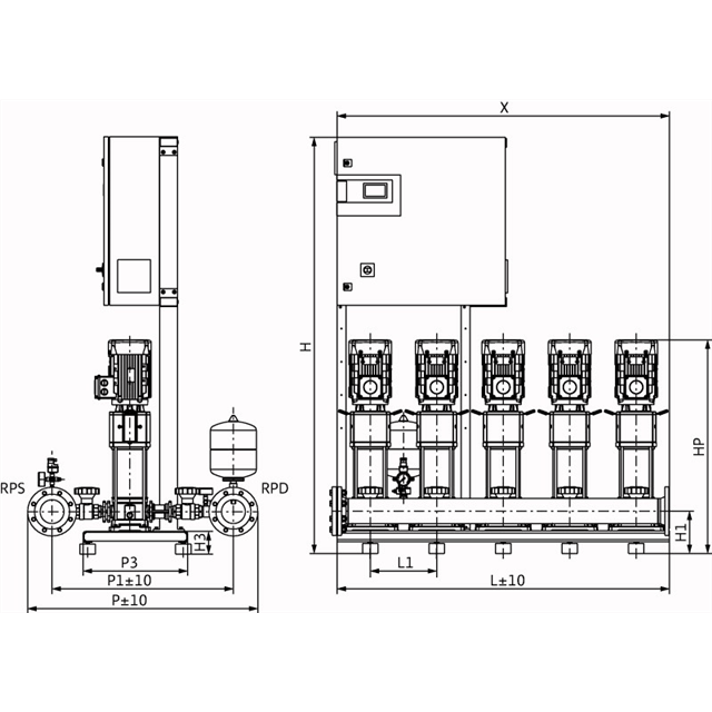 Габаритный чертеж насосной станции Wilo COR-5 HELIX V 1605/CC-EB-R