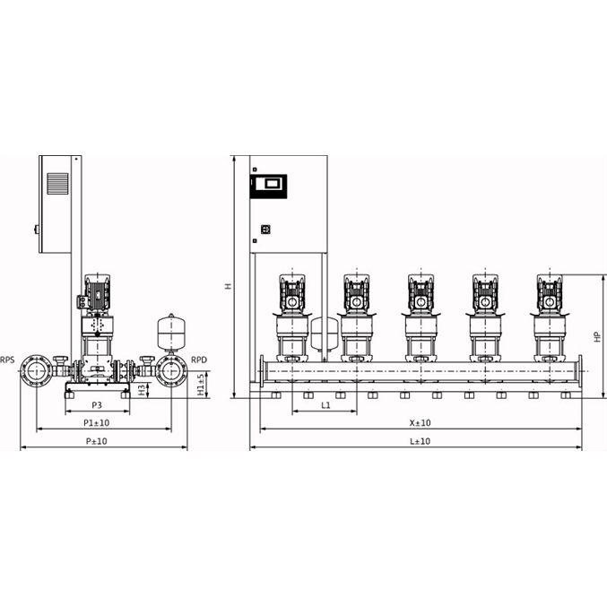 Габаритный чертеж насосной станции Wilo COR-5 HELIX V 2202/SKw-EB-R
