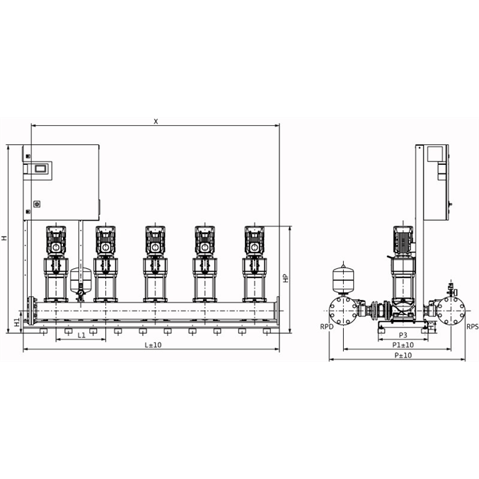 Габаритный чертеж насосной станции Wilo COR-5 HELIX V 3602/1/SKw-EB-R