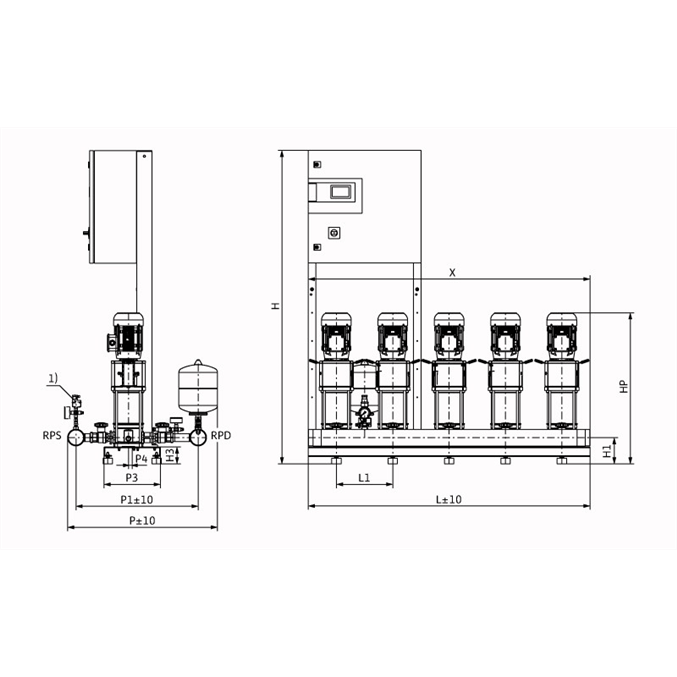 Габаритный чертеж насосной станции Wilo COR-5 HELIX V 606/SKw-EB-R