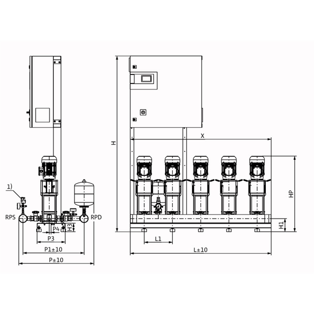 Габаритный чертеж насосной станции Wilo COR-5 HELIX V 608/CC-EB-R
