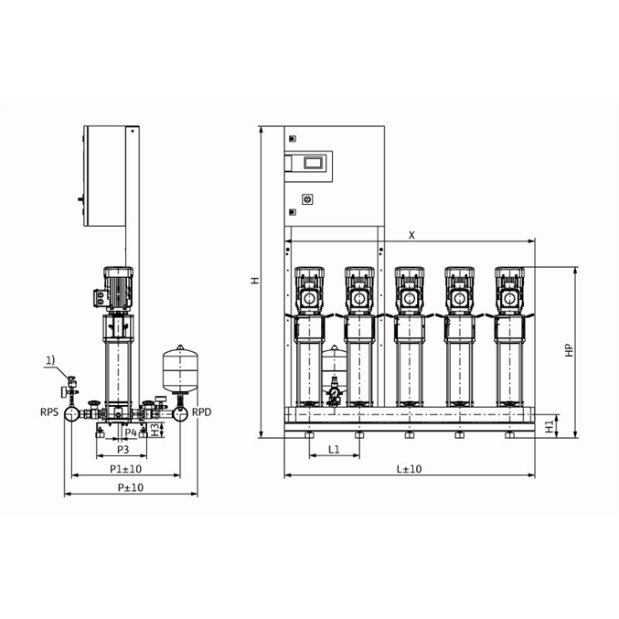 Габаритный чертеж насосной станции Wilo COR-5 HELIX V 610/SKw-EB-R