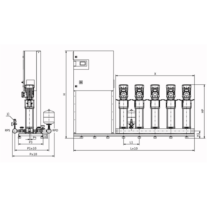 Габаритный чертеж насосной станции Wilo COR-5 HELIX V 611/CC-EB-R