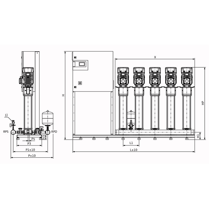 Габаритный чертеж насосной станции Wilo COR-5 HELIX V 614/CC-EB-R