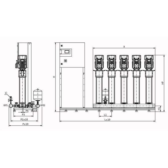 Габаритный чертеж насосной станции Wilo COR-5 HELIX V 615/SKw-EB-R