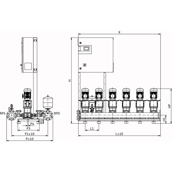 Габаритный чертеж насосной станции Wilo COR-6 HELIX V 1004/CC-EB-R