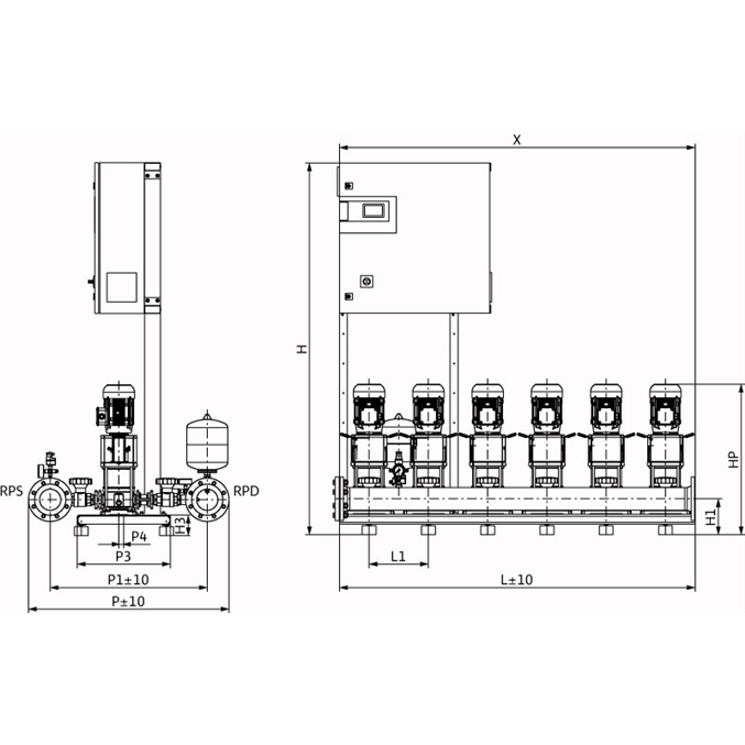 Габаритный чертеж насосной станции Wilo COR-6 HELIX V 1005/CC-EB-R