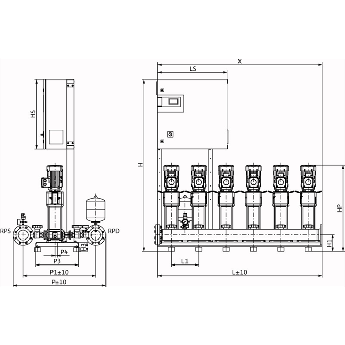 Габаритный чертеж насосной станции Wilo COR-6 HELIX V 1006/CC-EB-R