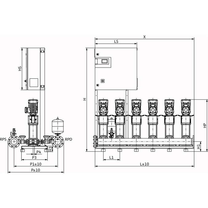 Габаритный чертеж насосной станции Wilo COR-6 HELIX V 1012/CC-EB-R