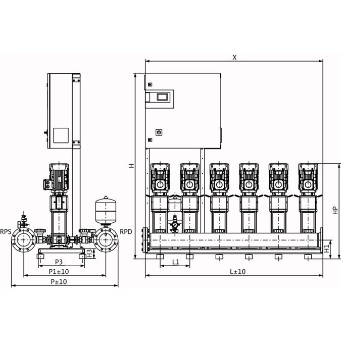 Габаритный чертеж насосной станции Wilo COR-6 HELIX V 1603/SKw-EB-R