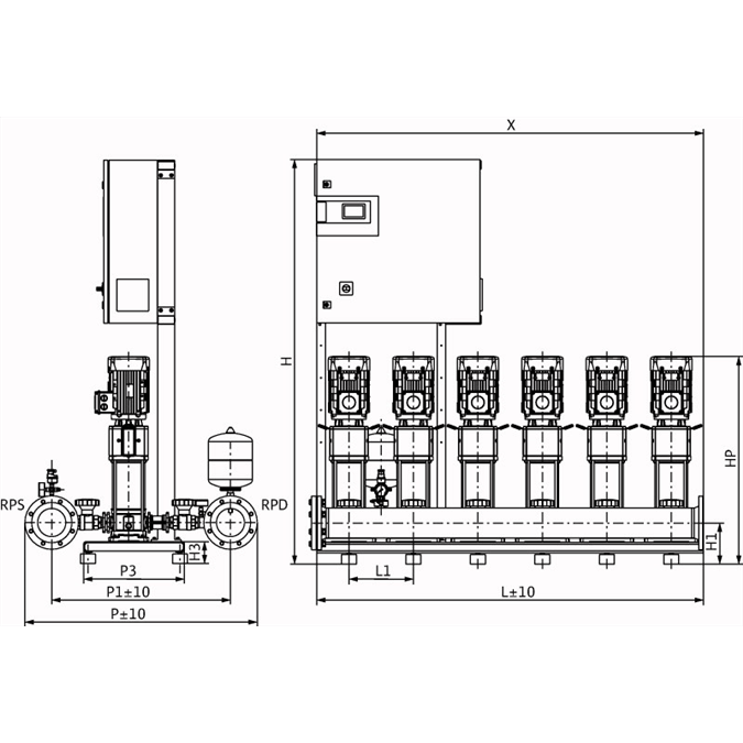 Габаритный чертеж насосной станции Wilo COR-6 HELIX V 1604/CC-EB-R
