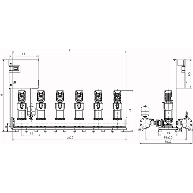 Габаритный чертеж насосной станции Wilo COR-6 HELIX V 3602/SKw-EB-R