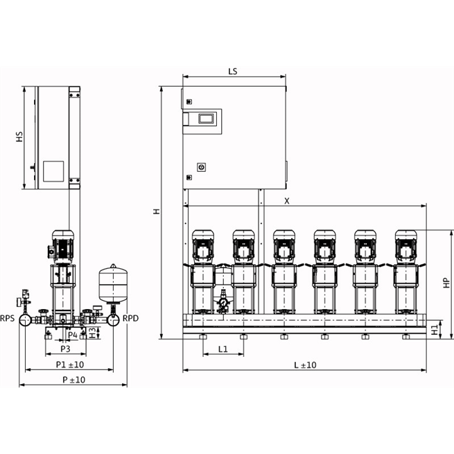 Габаритный чертеж насосной станции Wilo COR-6 HELIX V 604/CC-EB-R