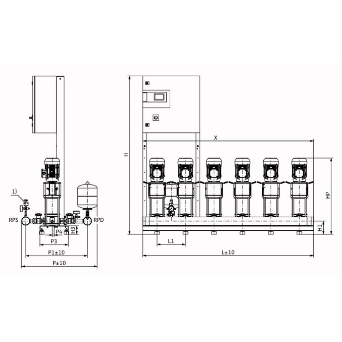 Габаритный чертеж насосной станции Wilo COR-6 HELIX V 604/SKw-EB-R