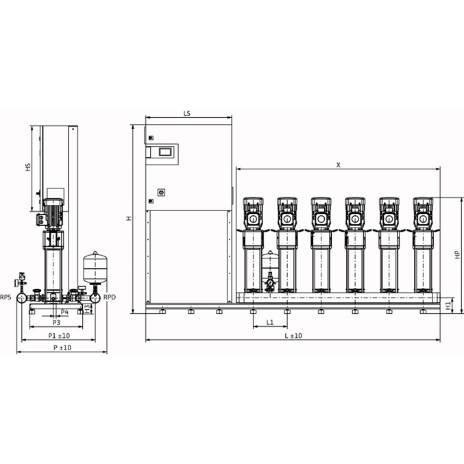 Габаритный чертеж насосной станции Wilo COR-6 HELIX V 609/CC-EB-R