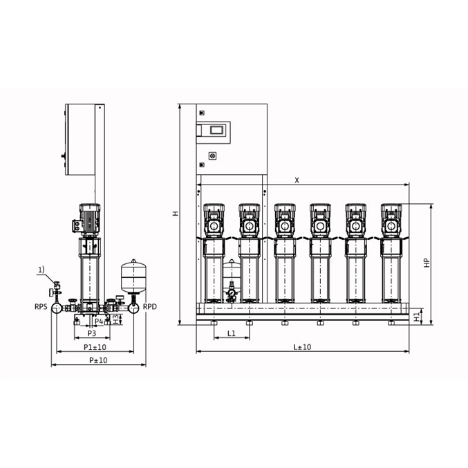 Габаритный чертеж насосной станции Wilo COR-6 HELIX V 609/SKw-EB-R