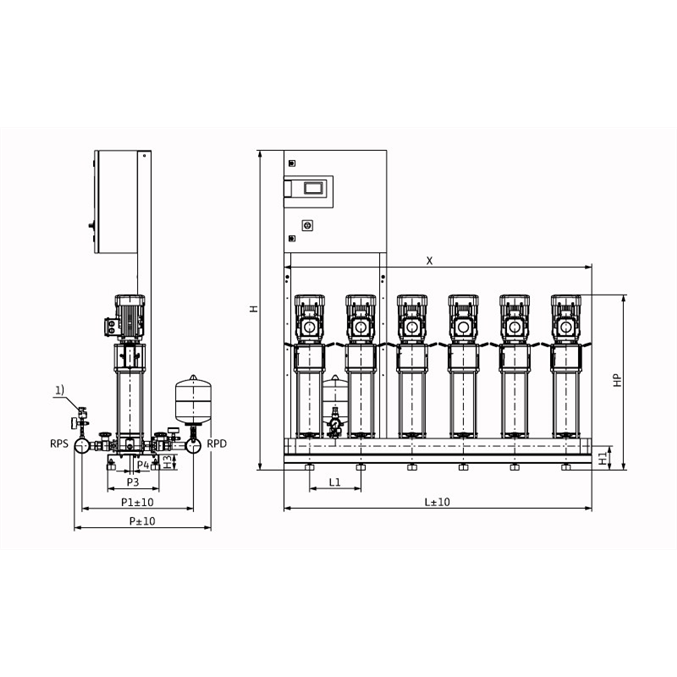 Габаритный чертеж насосной станции Wilo COR-6 HELIX V 610/SKw-EB-R