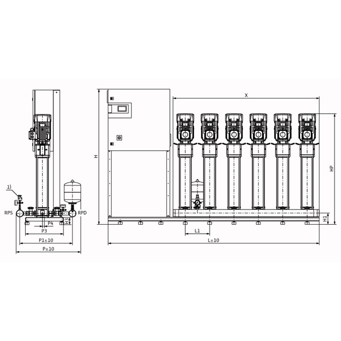 Габаритный чертеж насосной станции Wilo COR-6 HELIX V 616/CC-EB-R