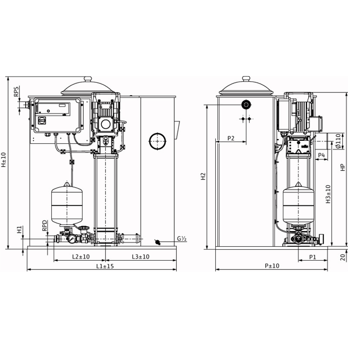 Габаритный чертеж насосной станции Wilo CO/T-1 HELIX V 403/CE