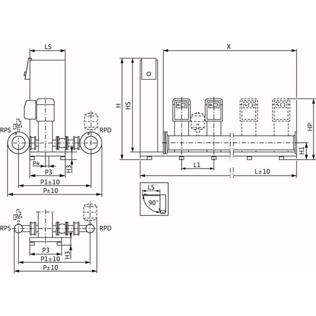 Габаритный чертеж насосной станции Wilo Smart 2 HELIX EXCEL 2203/4,2kW