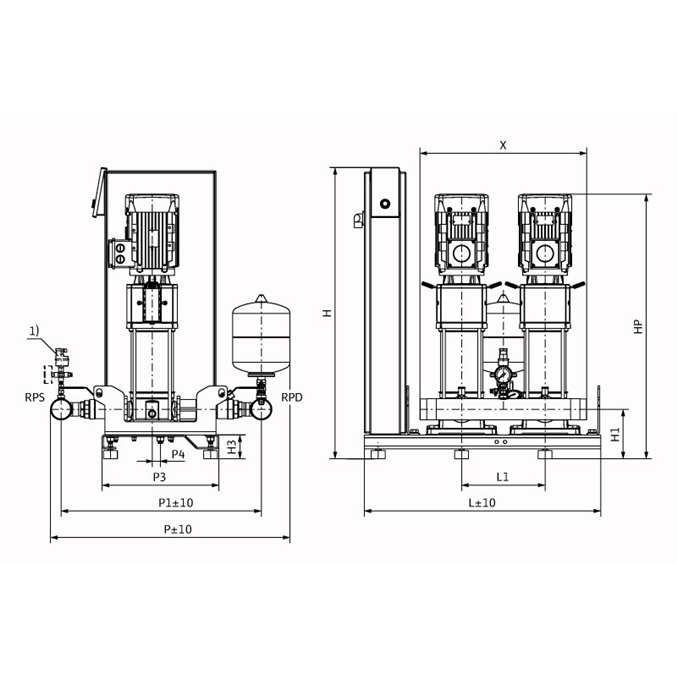 Габаритный чертеж насосной станции Wilo Smart 2 HELIX V 1606