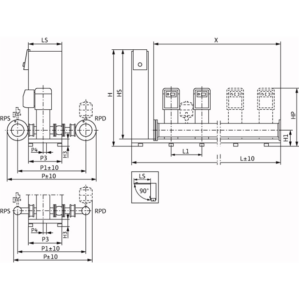 Габаритный чертеж насосной станции Wilo Smart 4 HELIX VE 1603/3kW