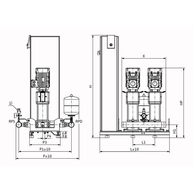 Габаритный чертеж насосной станции Wilo Smart FC 2 HELIX V 1605