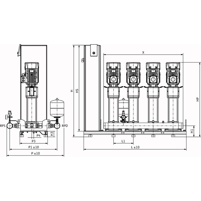 Габаритный чертеж насосной станции Wilo Smart FC 4 HELIX V 1010